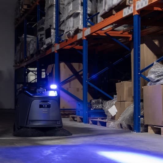 Self-driving floor scrubber running an overnight cleaning shift